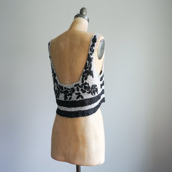 Zara fully Sequined Black and White Crop top with Flowers and Strips - Size S - Picture 4 of 12